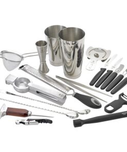 KIT PARA BAR 19 Piezas COLOR ACERO, 1 COLADOR DE MALLA FINA , PINZAS DE PRESICION , 2 CUCHARA DE BAR, MUDDLER , COLADOR DE BEBIDAS, JIGGER 1 Y 2 OZ, RALLADOR DE BAR, EXPRIMIDOR, PELADOR, UTENSILIOS PARA CITRICOS, PICA HIELO, SACACORCHOS