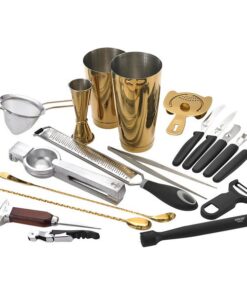KIT PARA BAR 19 Piezas COLOR DORADO, 1 COLADOR DE MALLA FINA , PINZAS DE PRESICION , 2 CUCHARA DE BAR, MUDDLER , COLADOR DE BEBIDAS, JIGGER 1 Y 2 OZ, RALLADOR DE BAR, EXPRIMIDOR, PELADOR, UTENSILIOS PARA CITRICOS, PICA HIELO, SACACORCHOS