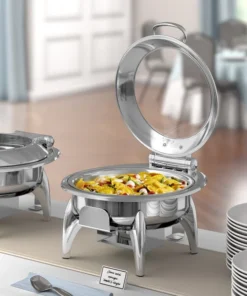 CHAFER REDONDO DE INDUCCION ECOR 6 QT MODELO IND6CHAKT ACERO INOXIDABLE CON TAPA DE ACERO Y CRISTAL, CERRADO SUAVE, CON BASE Y PORTA LATAS DE ALCOHOL ACOPA VOYAGE