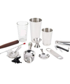 KIT PARA BAR MODELO BARKIT2 13 Piezas:  1 sacacorchos , 1 vertedor de licor de flujo libre, 1 abridor de botellas plano, 1 vaso mezclador 16 oz, 1 Pinza para pompones de acero inoxidable de 6 pg, 1 colador de coctel, 1 Cuchara de barra de bola roja
