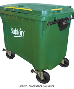 Contenedor 660L Verde Sin Pedal, Con Agarraderas y Ruedas