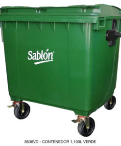 Contenedor 1100L Verde Sin Pedal, Con Agarraderas y Ruedas